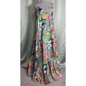 GB Gianni Bini Dress Womens XL Green Black Cotton Maxi Tie Back Resort Vacation